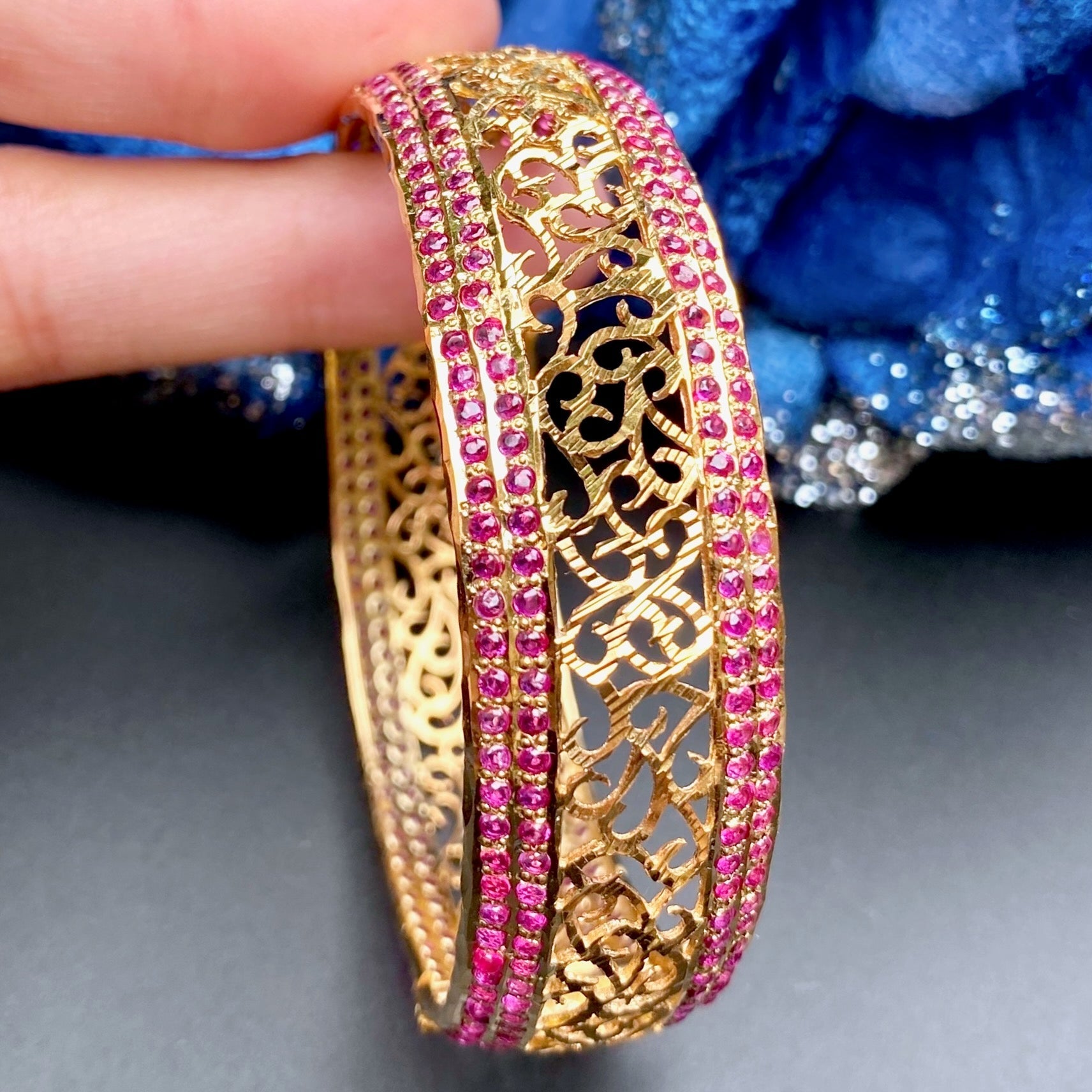 Indian Jadau Bangle with Jali Work | Gold Plated on Sterling Silver | Ruby Red Stones BG 087