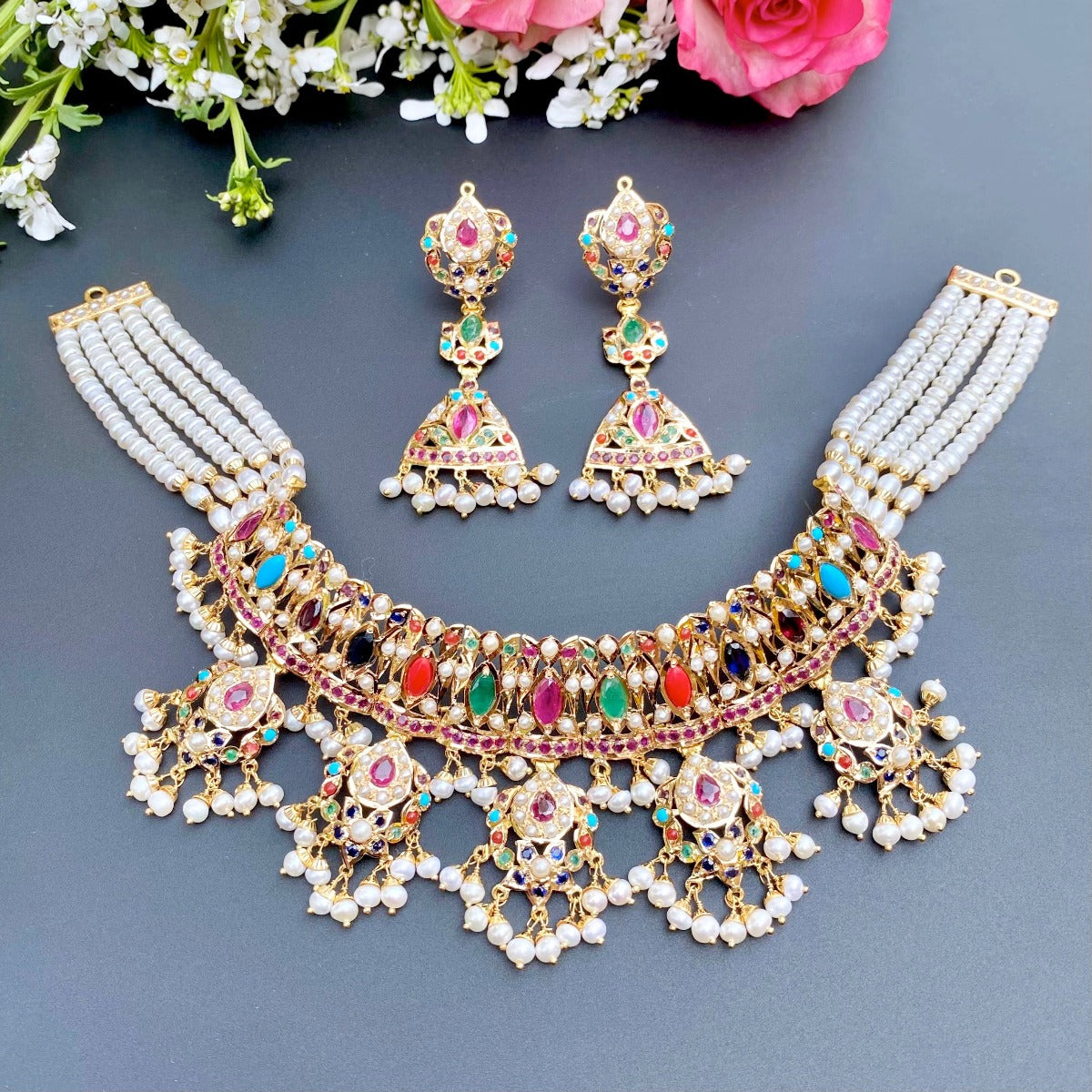 Jadau Choker Set | Navrathan Jewellery | 22K Gold Jewellery GNS 061