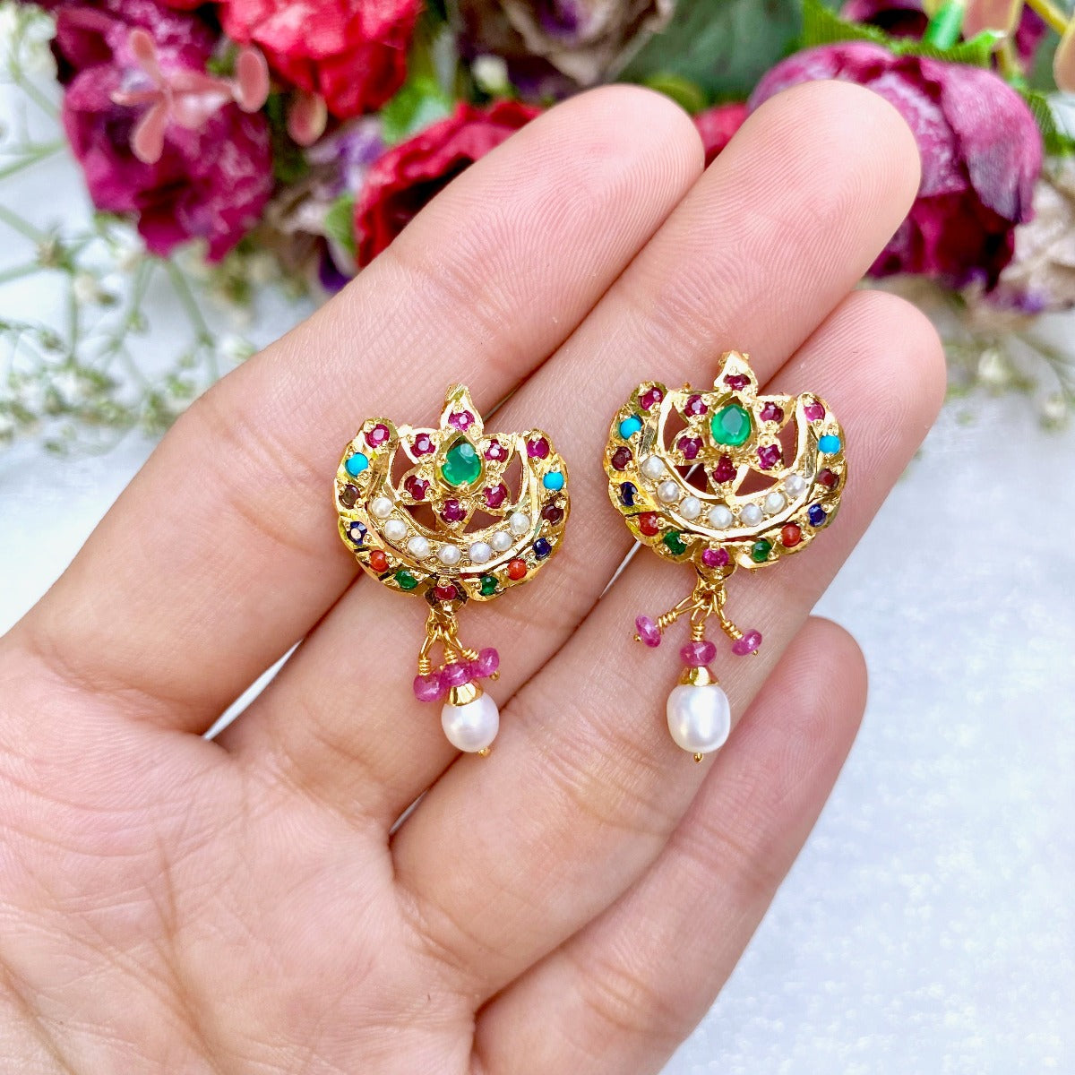 gold plated navratna earrings