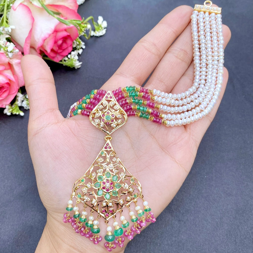 multicoloured jadau choker necklace set in 22k gold