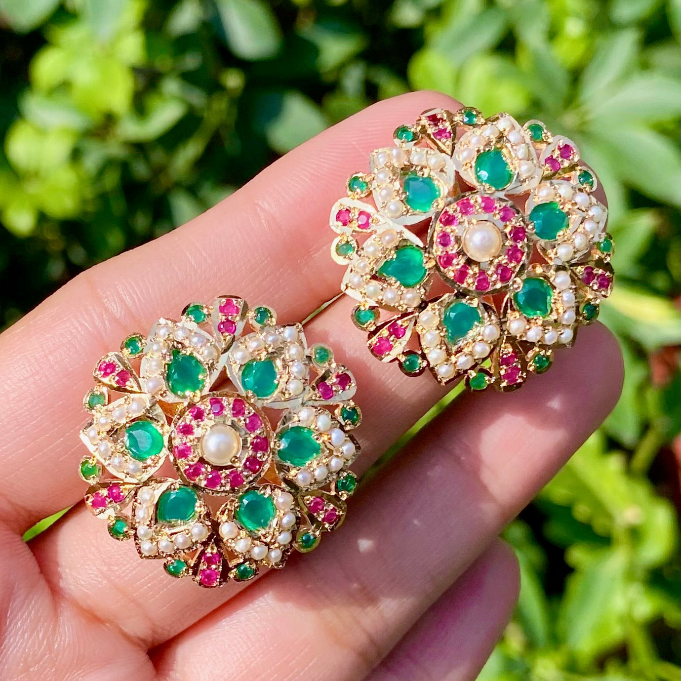 Traditional Multicolored Jadau Earrings | Ruby Emeralds Stud Earrings | Jadau Tops in Silver | ER 183