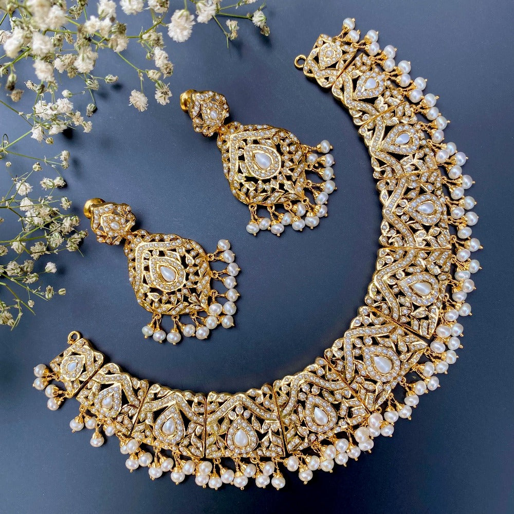 original pearl necklace set on gold plated silver