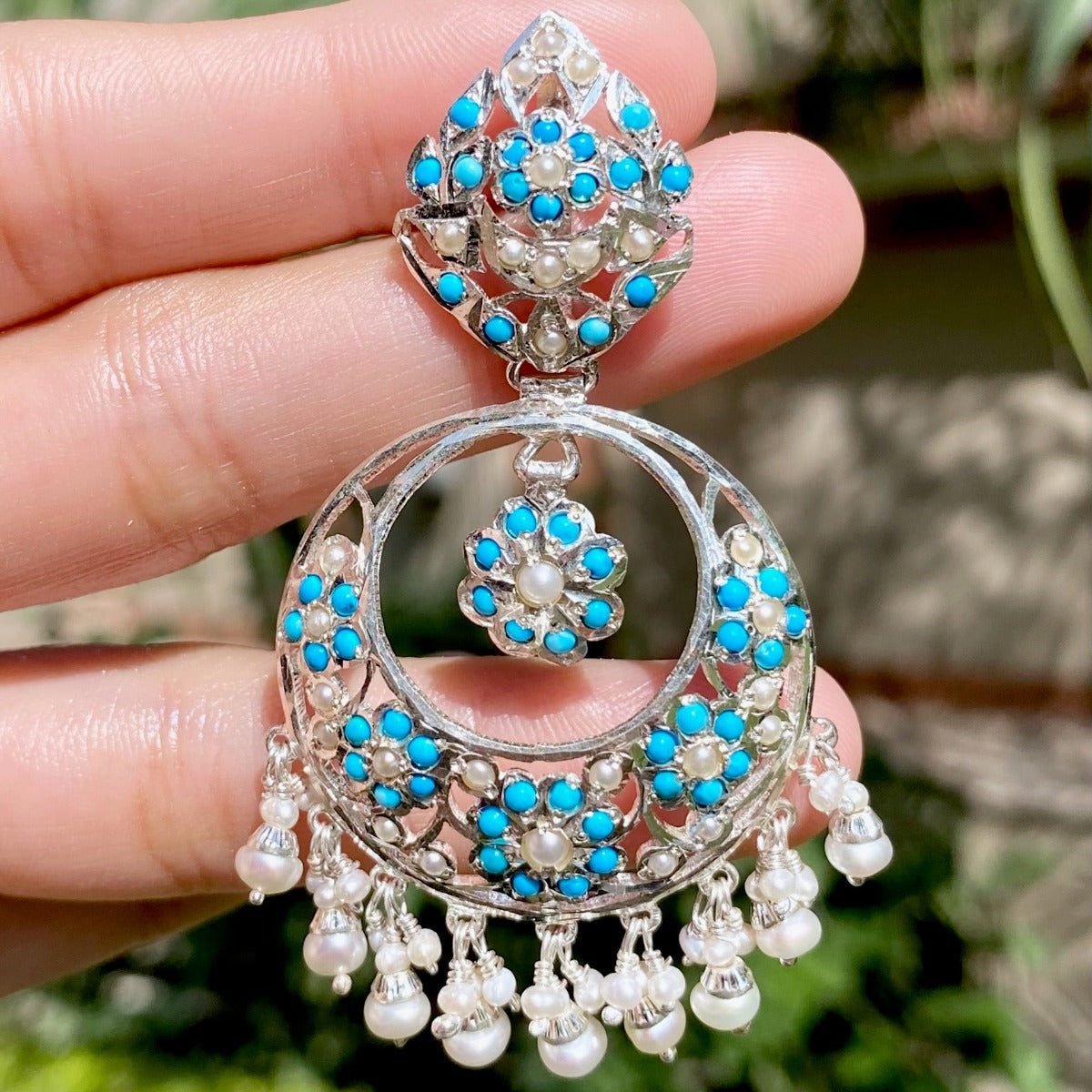 silver chandbali jadau with pearls and feroza