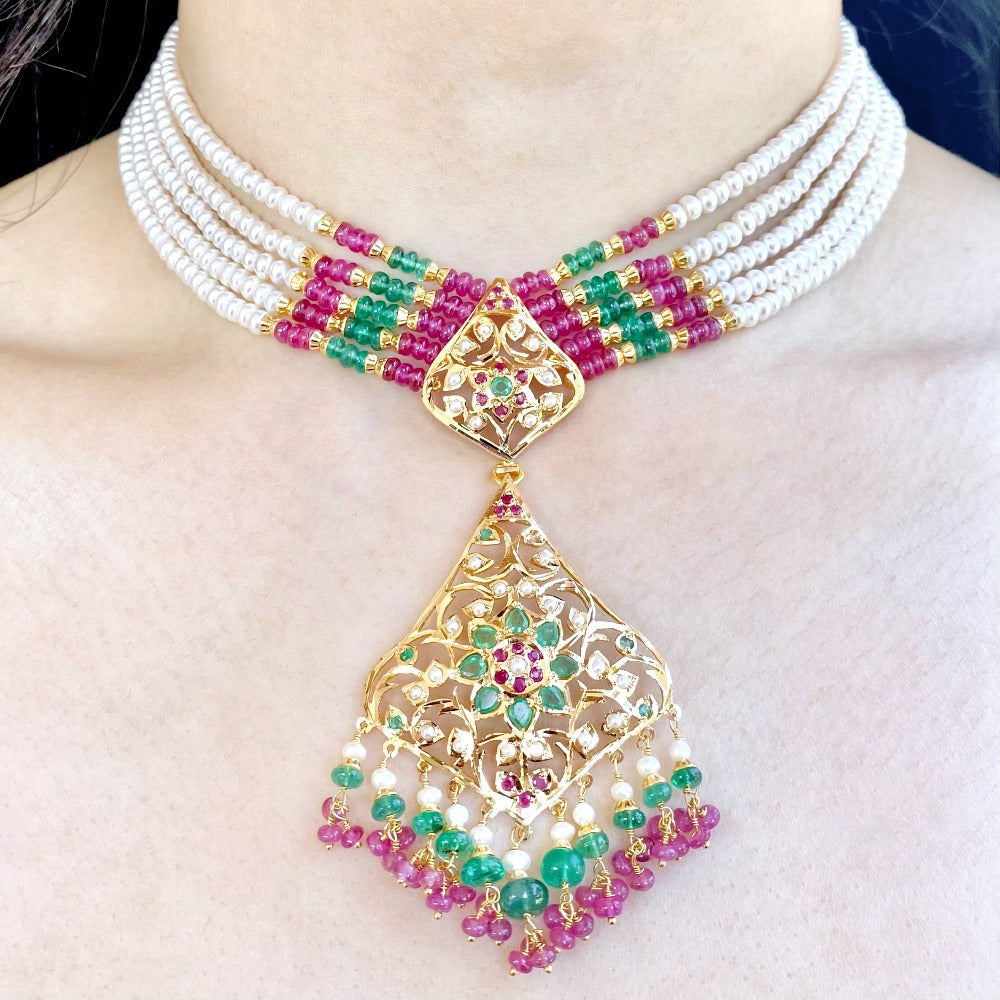 multicoloured jadau choker necklace set in 22k gold