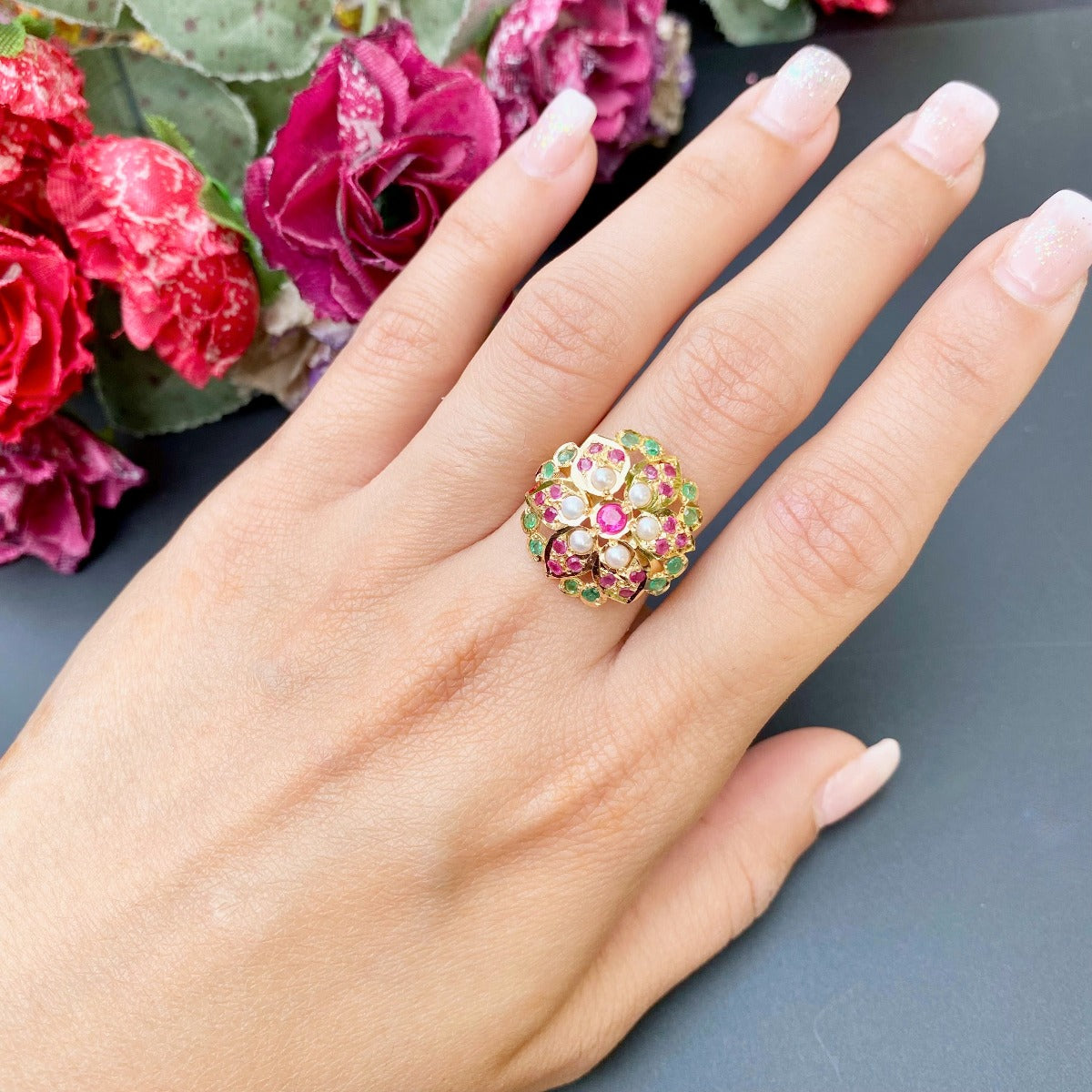 Floral Jadau Ring in 22ct Gold GLR 083