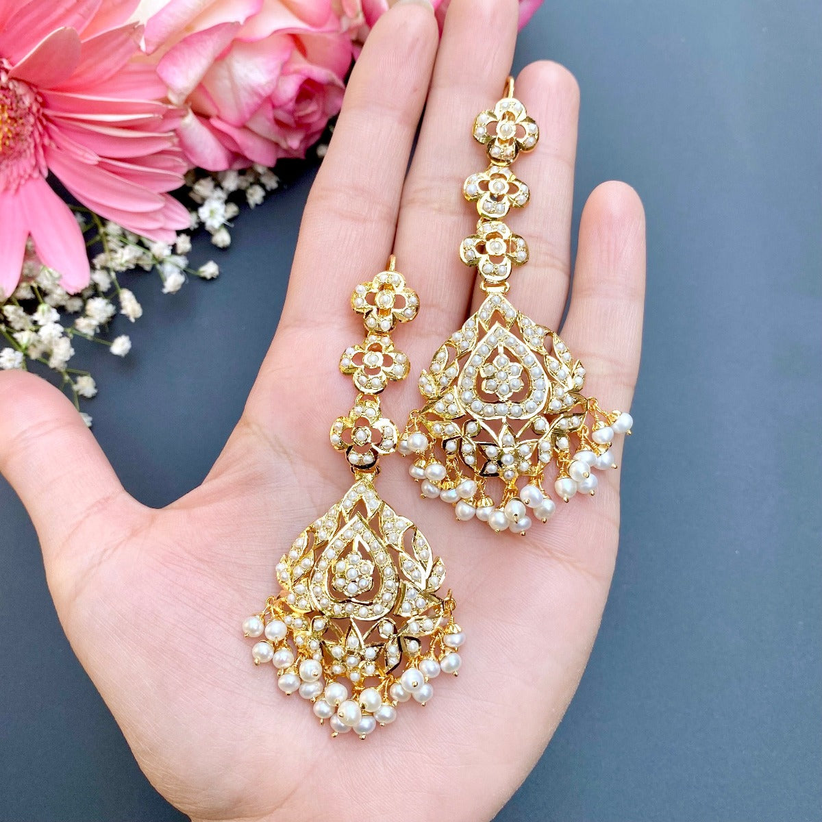 long amritsari jadau pearl earrings