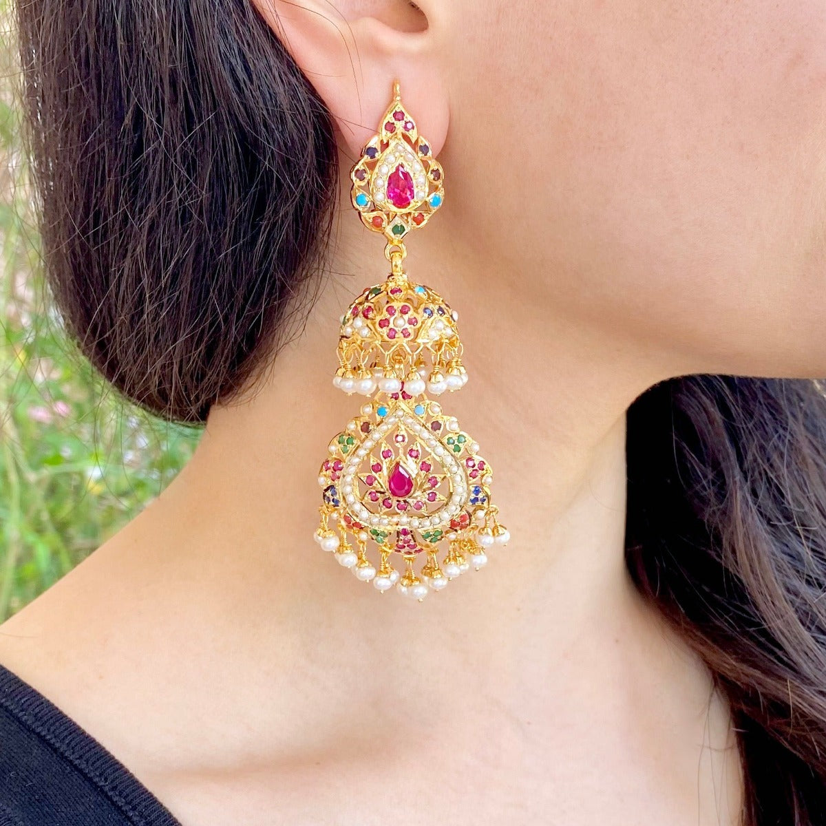 gold plated long earrings in Navaratna colors