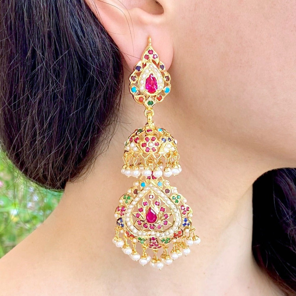 tall and long punjabi navratan jadau earrings jhumka