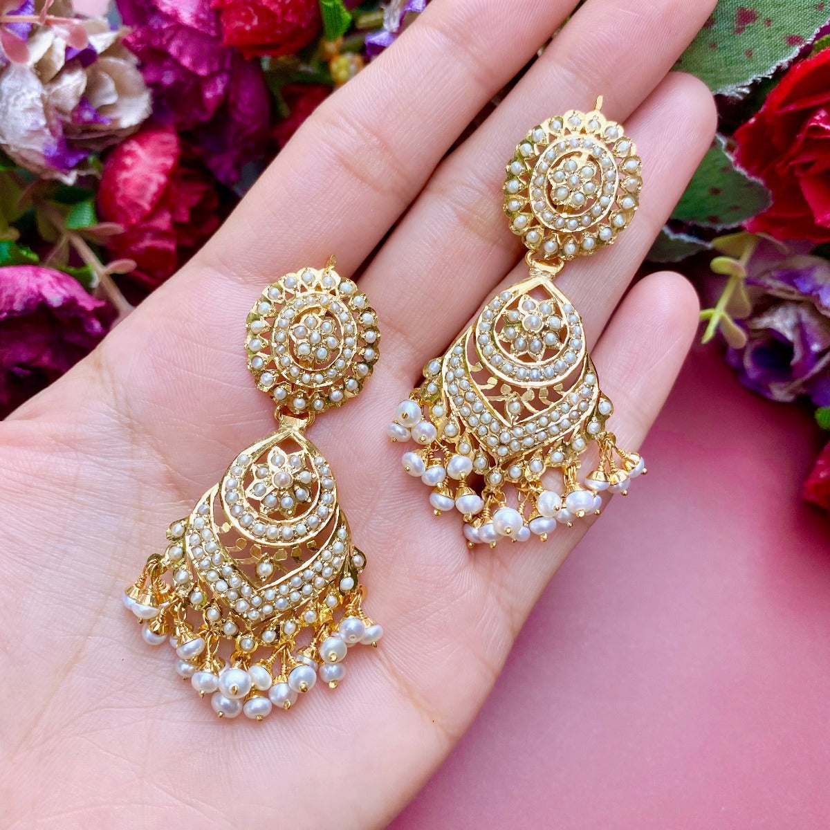 gold plated pearl earrings on silver