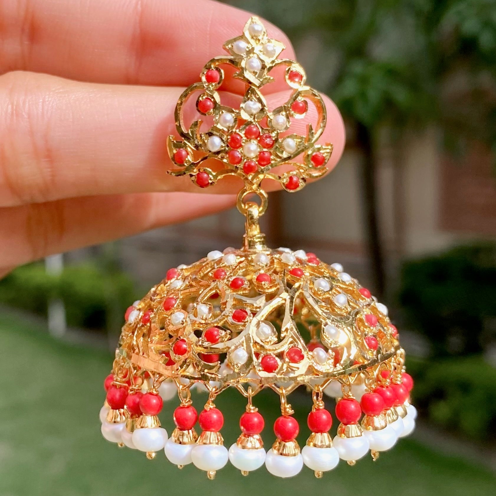 Buy Coral Jewellery Online | Large Gold Plated Indian Jhumka For Women ER 631