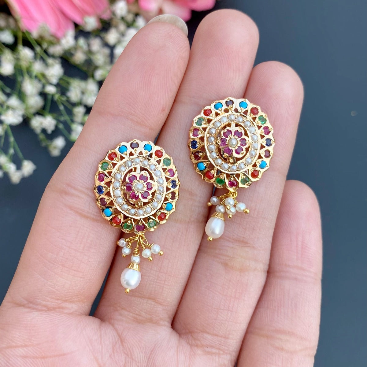 rajasthani navratna studs in oval shape