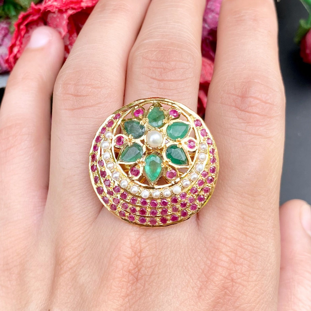 Multicoloured Jadau Ring in 916 Gold GLR 066