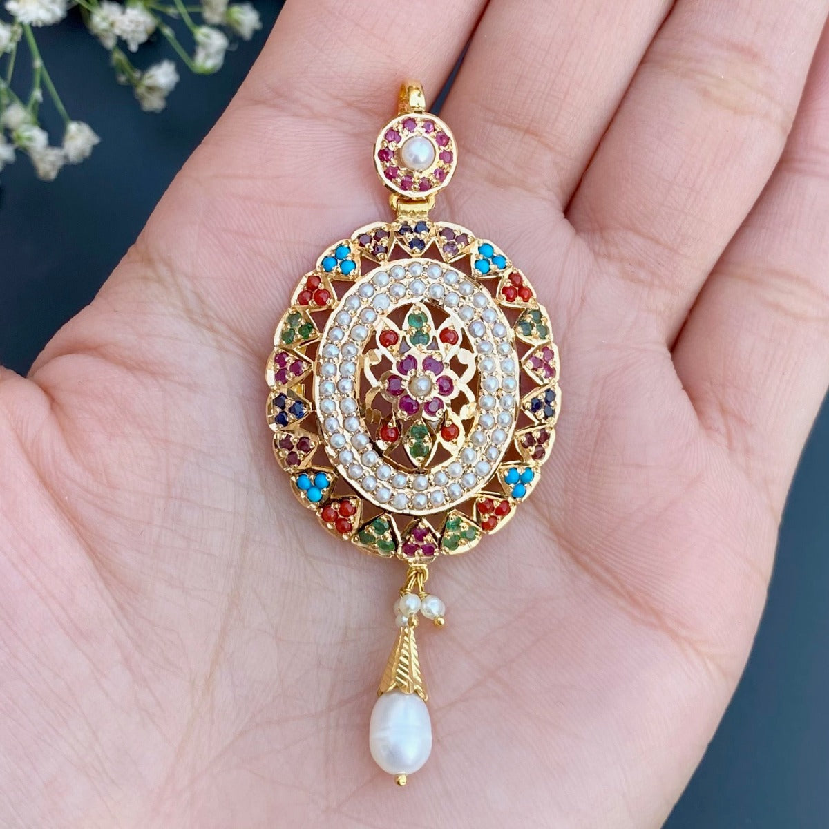 22k gold rajasthani navrattna pendant set