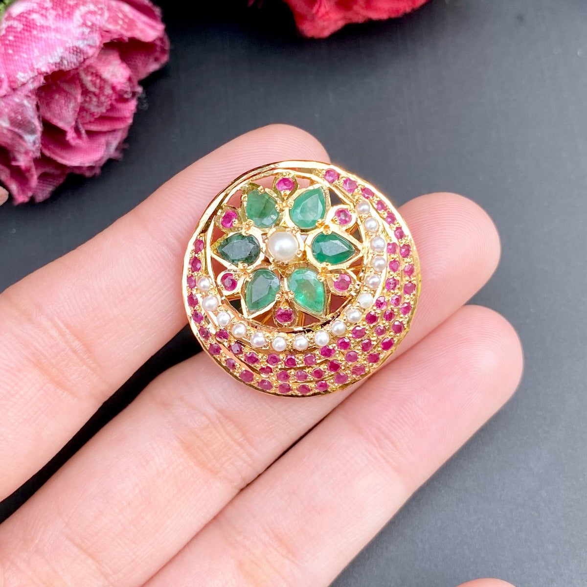 Multicoloured Jadau Ring in 916 Gold GLR 066