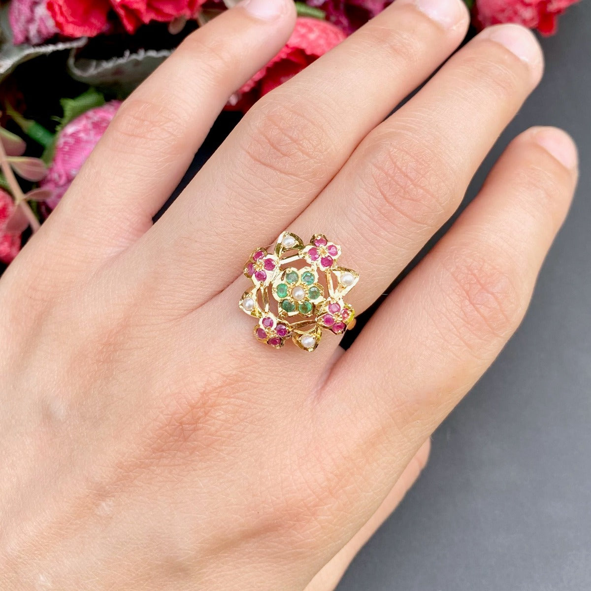 Dainty Floral Jadau Ring in 22ct Gold GLR 066a