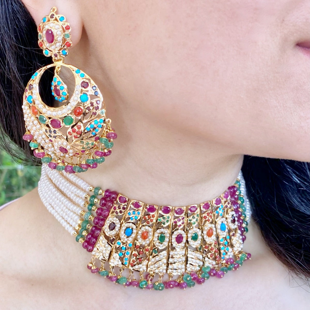 navrattan choker set with big chandbali earrings