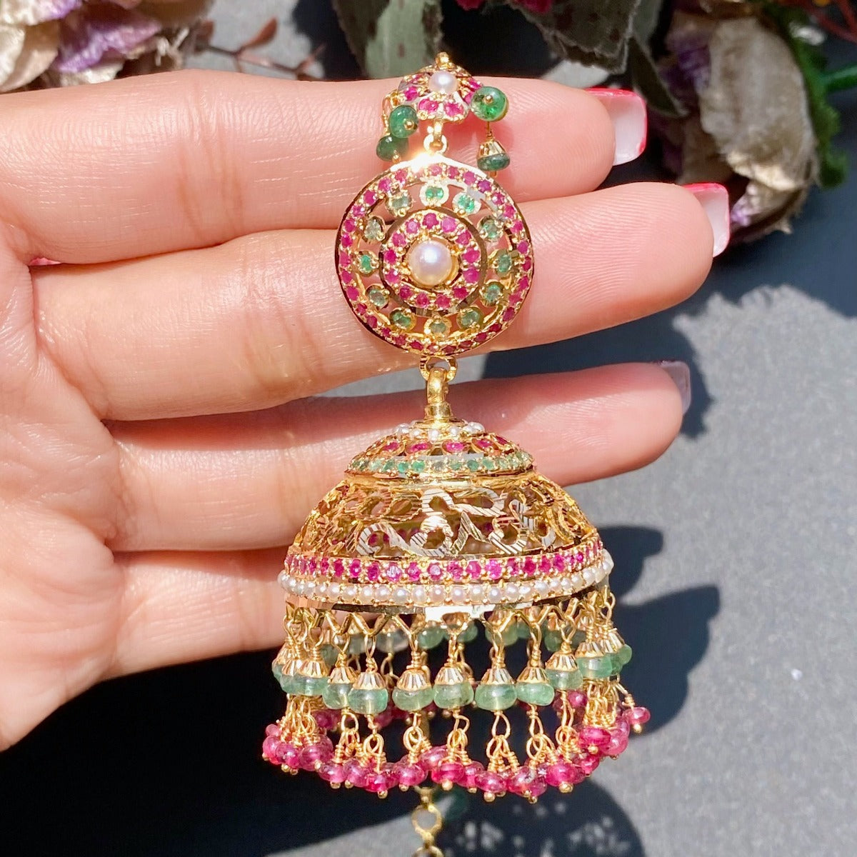 grand jadau jhumka in ruby emerald pearls