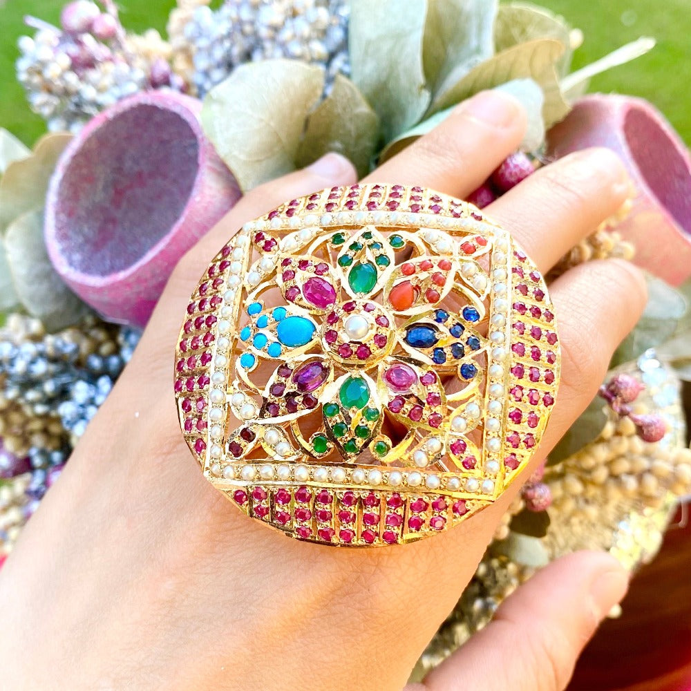 punjabi navratan jadau earrings cocktail ring with gold plating