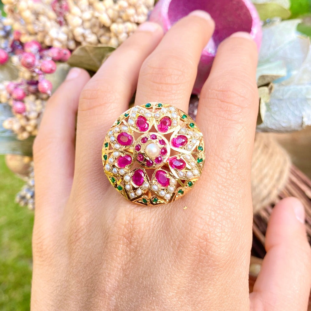 gold plated cocktail ring with ruby emerald colors