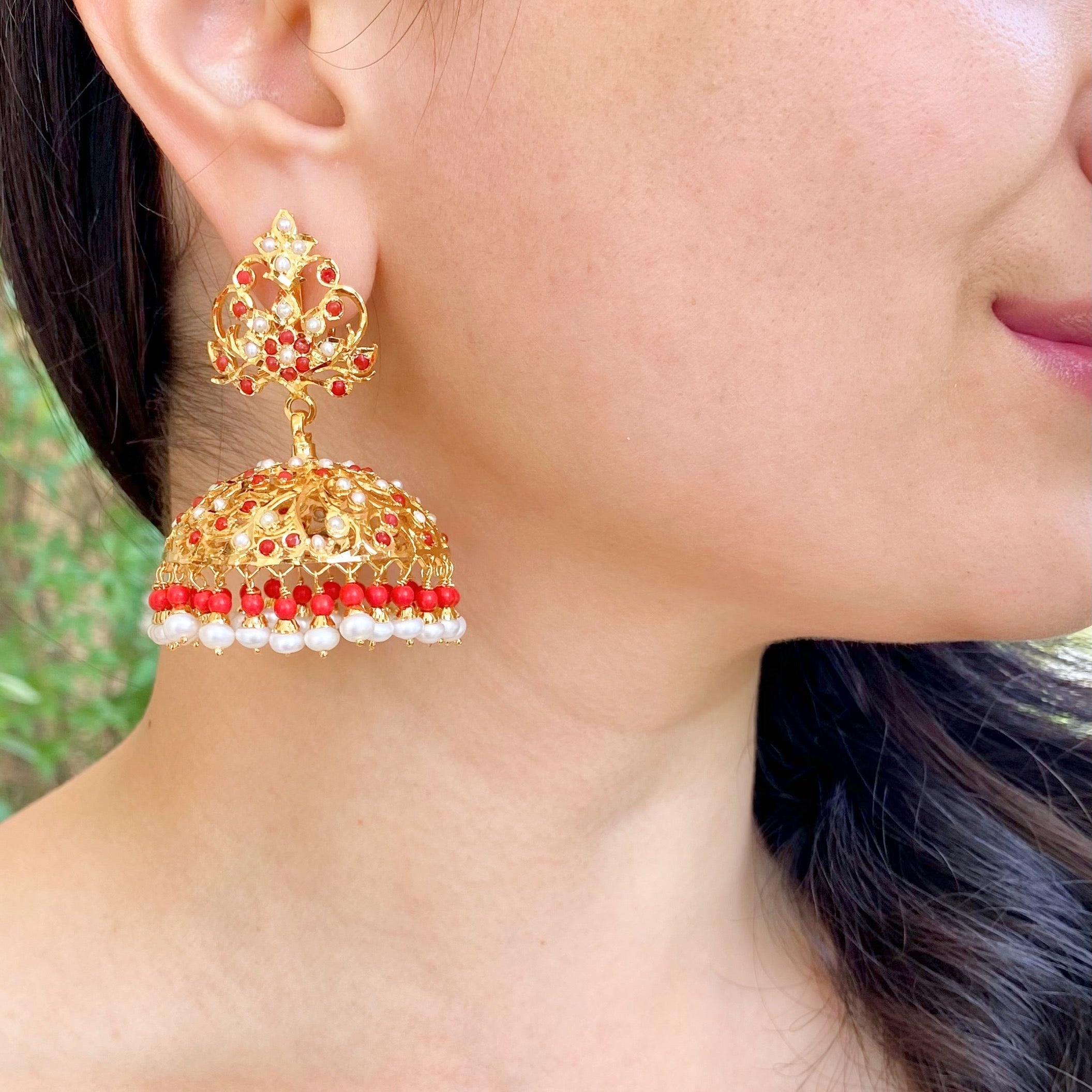 Buy Coral Jewellery Online | Large Gold Plated Indian Jhumka For Women ER 631