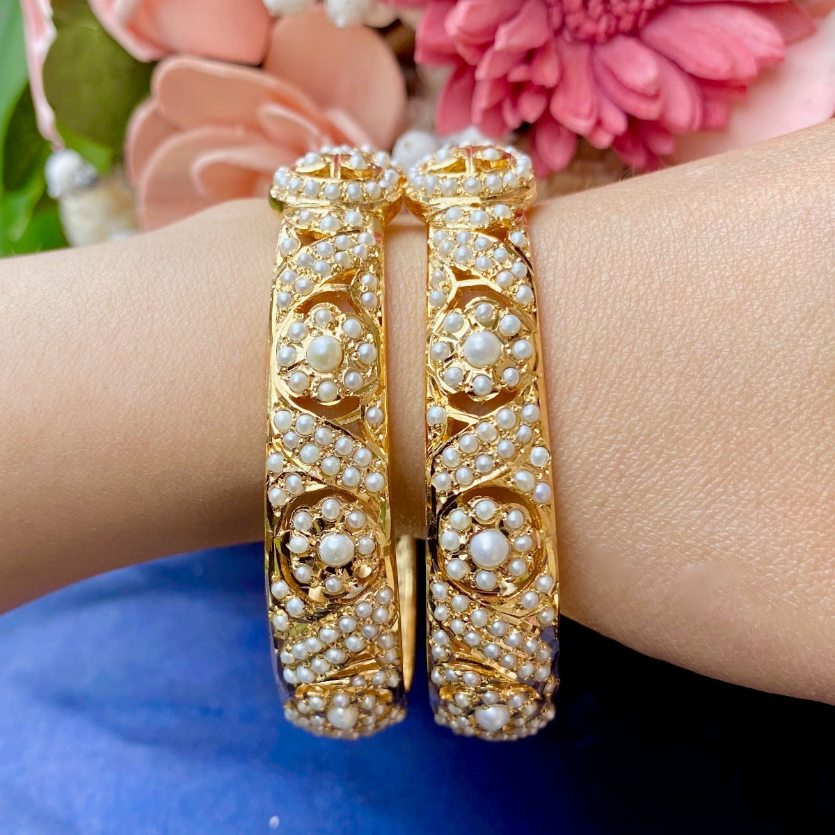 traditional jadau bangles studded with pearls