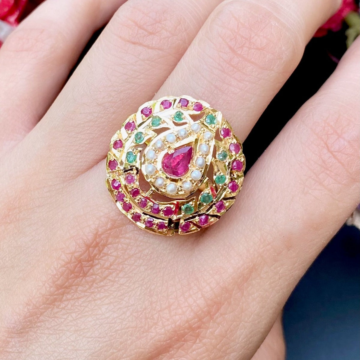 precious stone studded gold ring