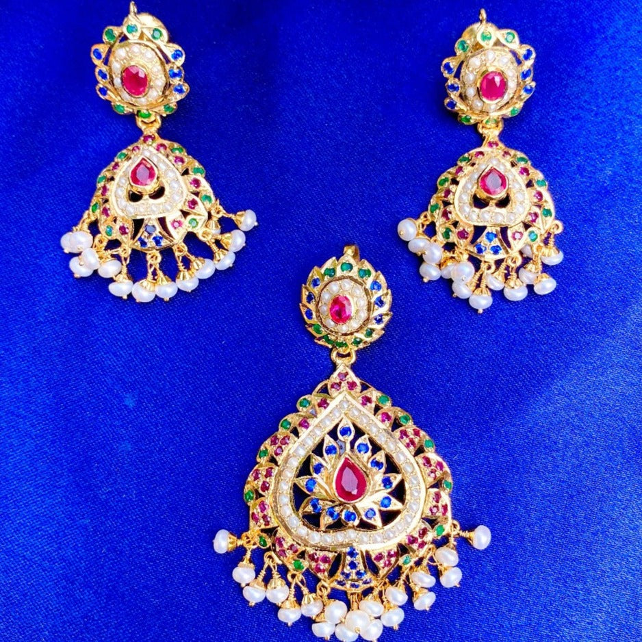 buy online jadau pendant set in silver with gold plating