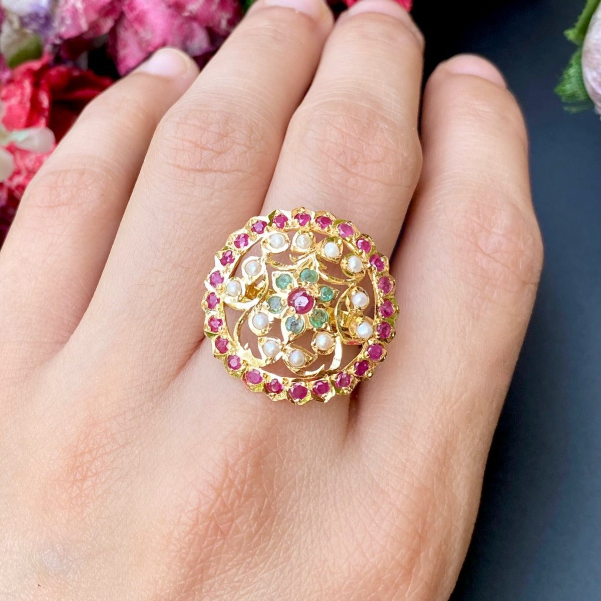 Beautiful Multiciloured Floral Ring in 22ct Gold GLR 070