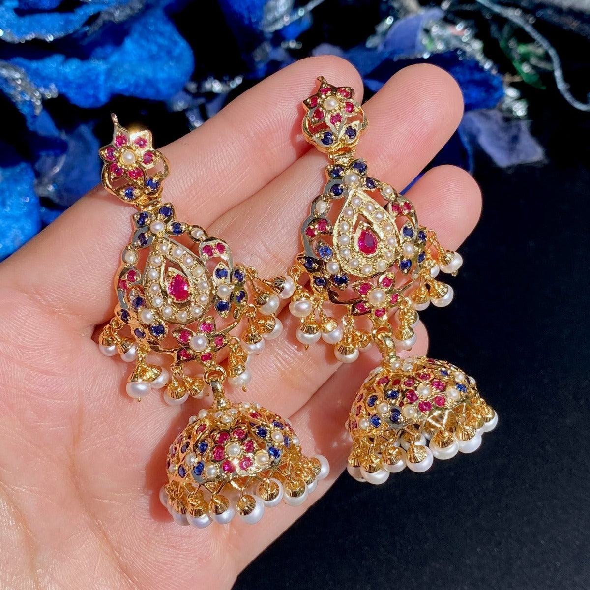 gold plated jadau jhumka in multicolors