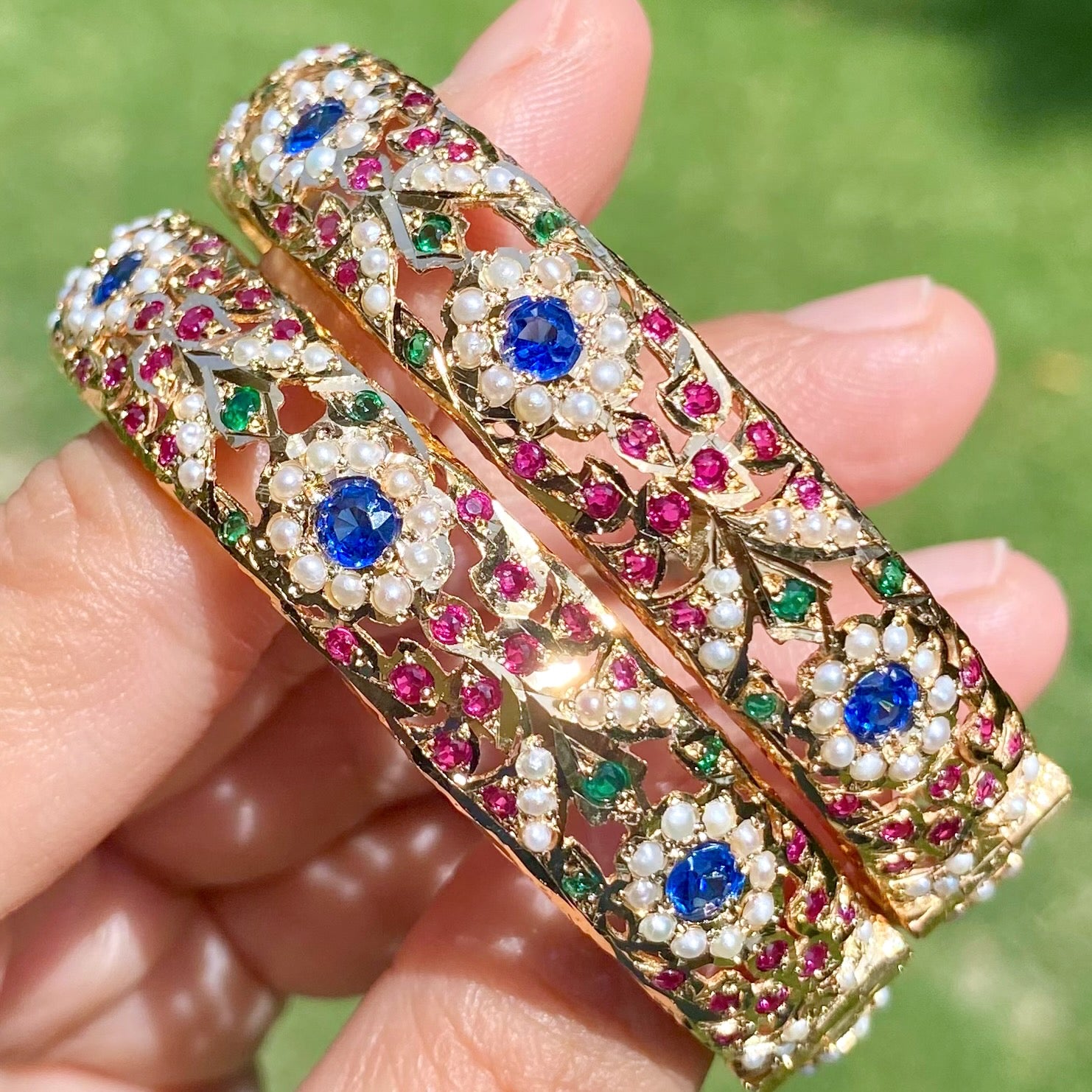 Heritage Indian Jewelry | Multicoloured Jadau Bangles | Neelam Ruby Emerald BG 089