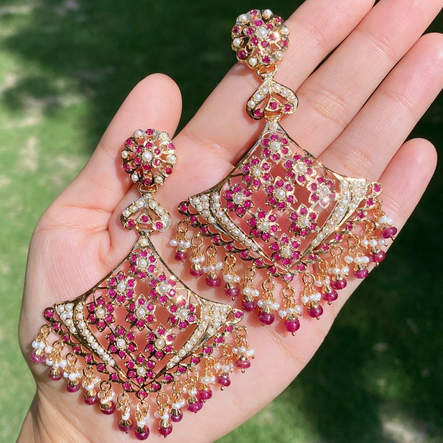 floral ruby danglers on gold plated silver