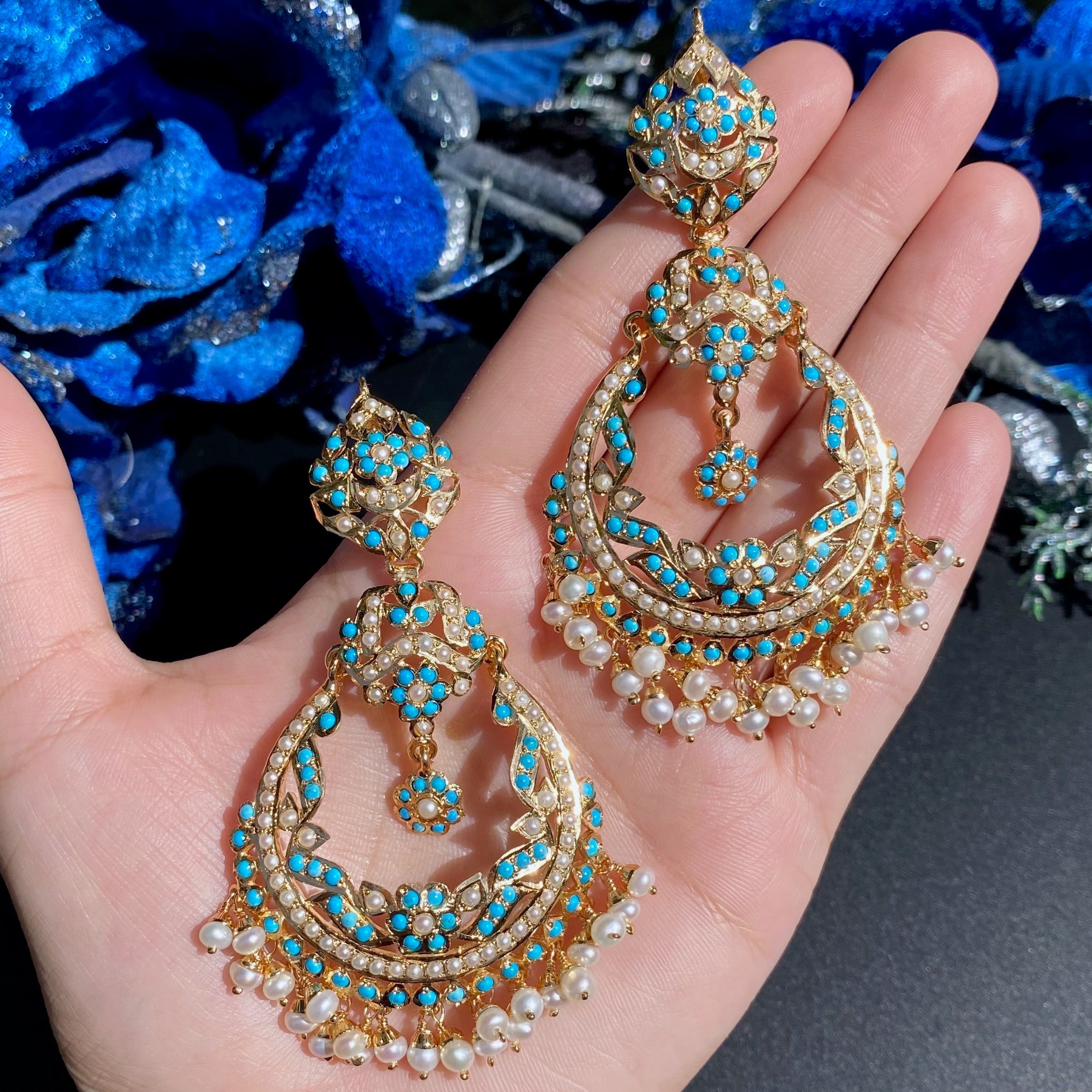 long feroza chandbali earrings on silver with gold plating