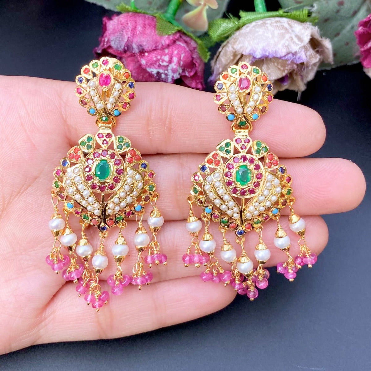 Navaratna earrings on silver with gold plating