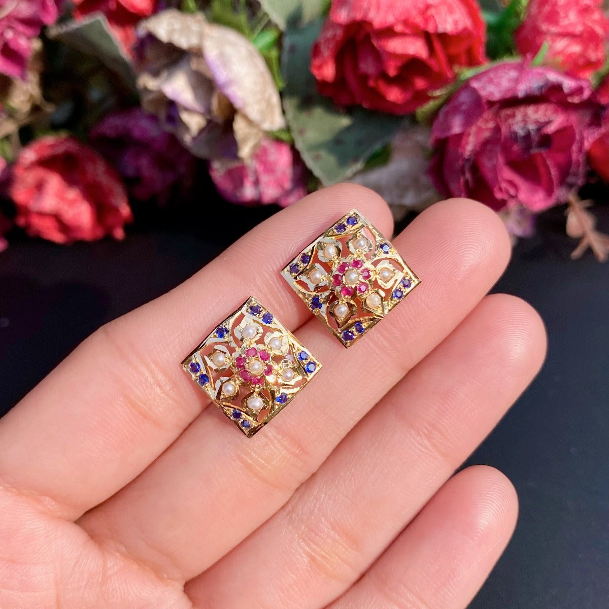 Multicoloured Jadau Studs in 22ct Gold GER 098