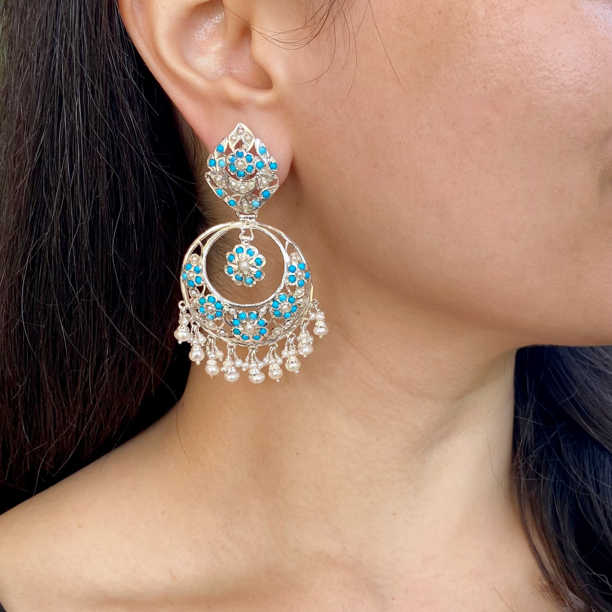 Pearl Feroza Chandbali on white silver | Jadau On 925 Silver SER 008