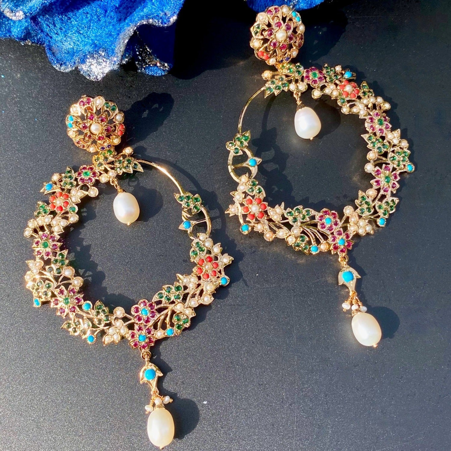 Large Navratan Chandbali Earrings | Statement Floral Chandbali | ER 638