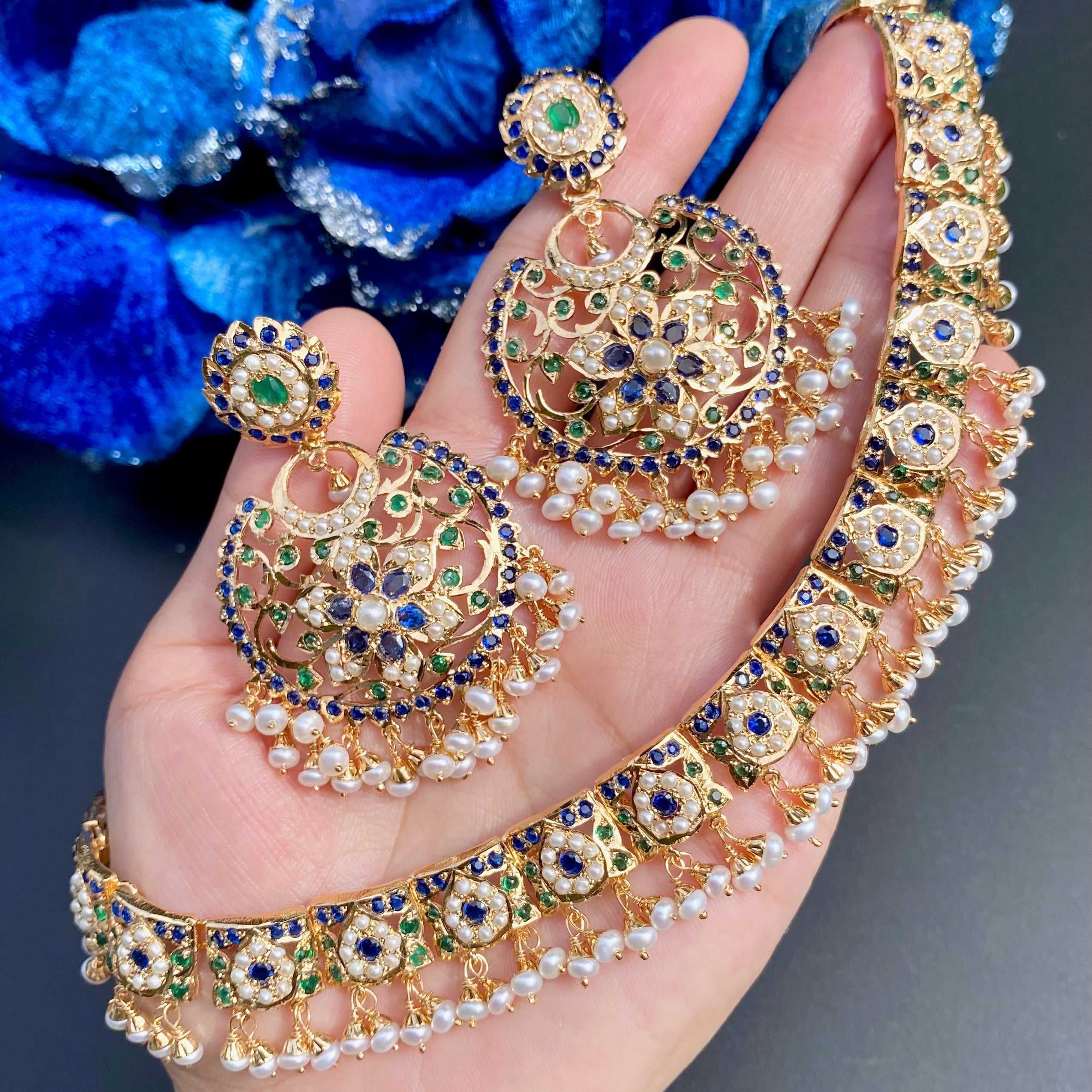 Elegant Sapphire Necklace | Medium Chandbali Earrings | Jadau Set on Silver NS 463