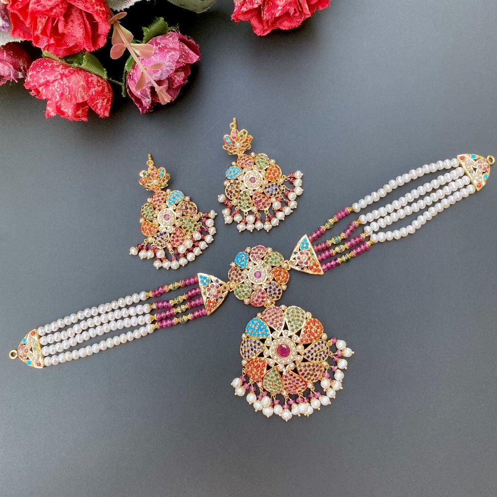 fine navratna choker set in gold