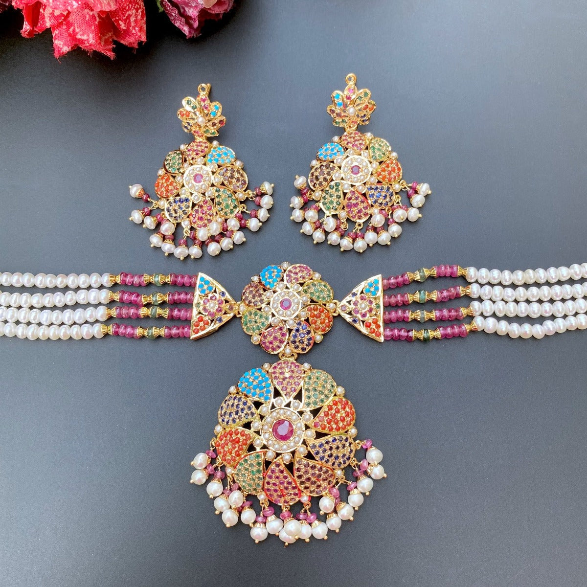 fine navratna choker set in gold