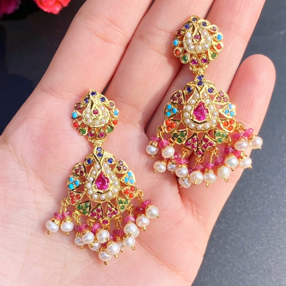 Navaratna earrings with gold plating on silver