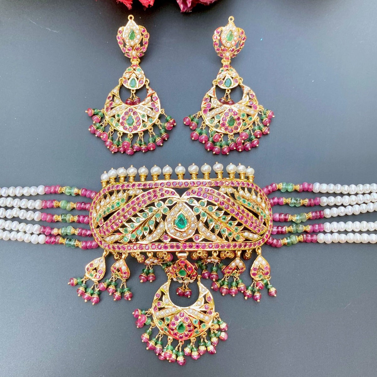 real gold jadau set with precious stones