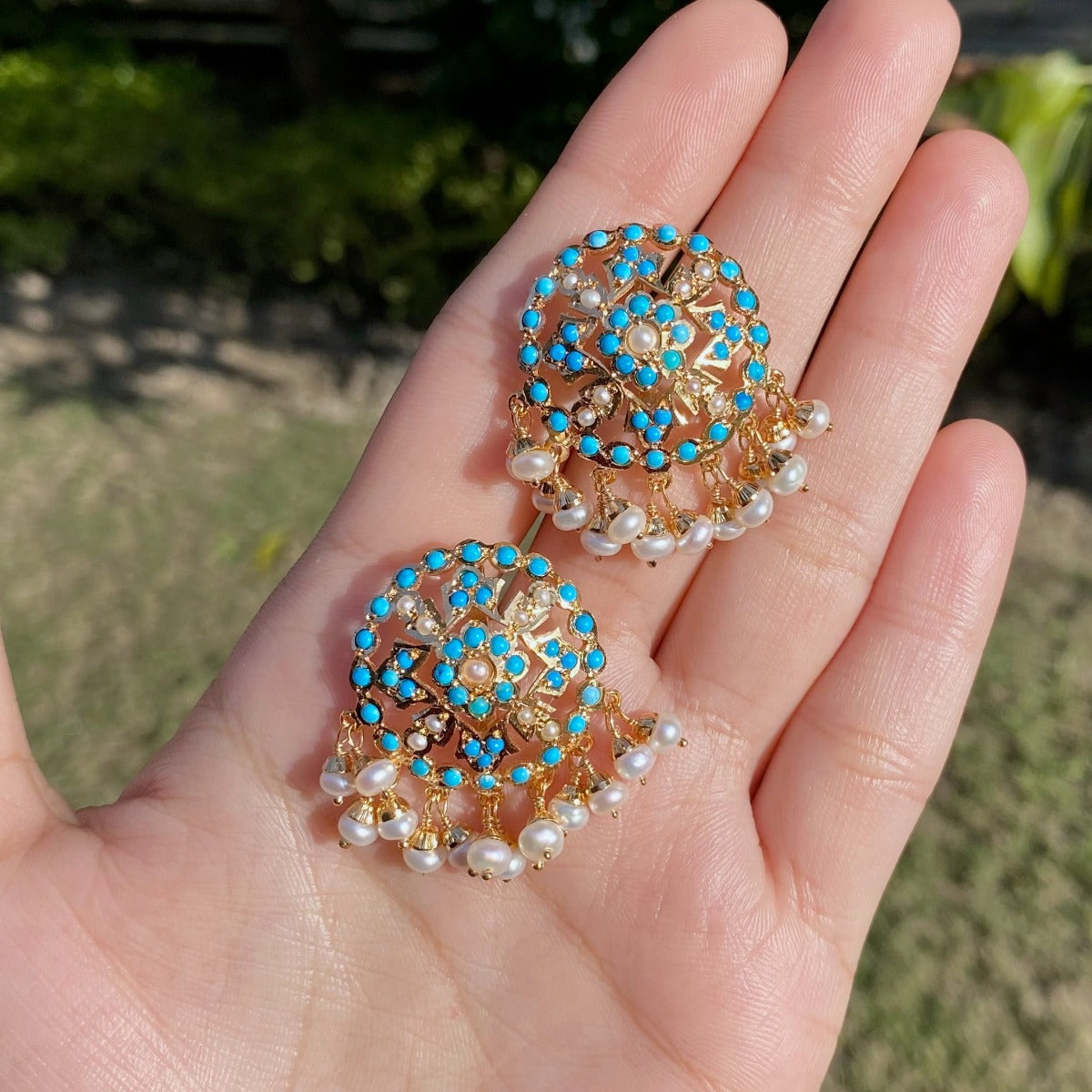 turquoise and pearl studs on silver