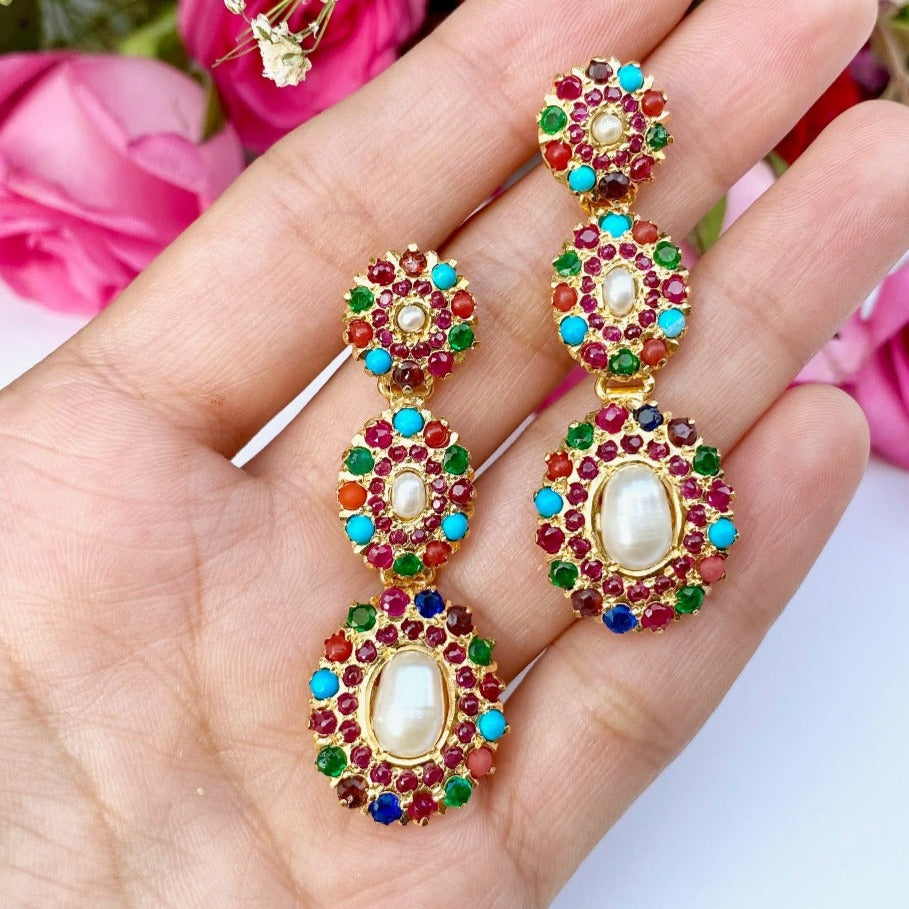 long punjabi navratan jadau earrings