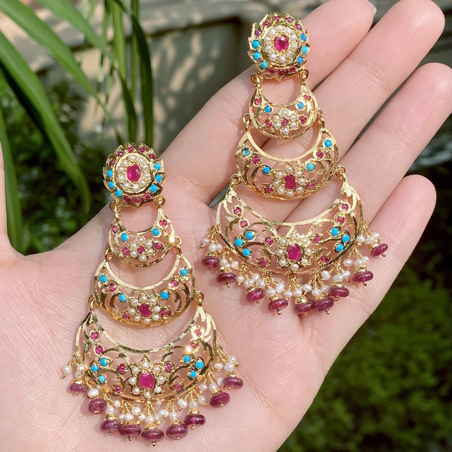 Ethnic Gold Plated Danglers | Ruby Pearl & Feroza | Jadau Earrings ER 544