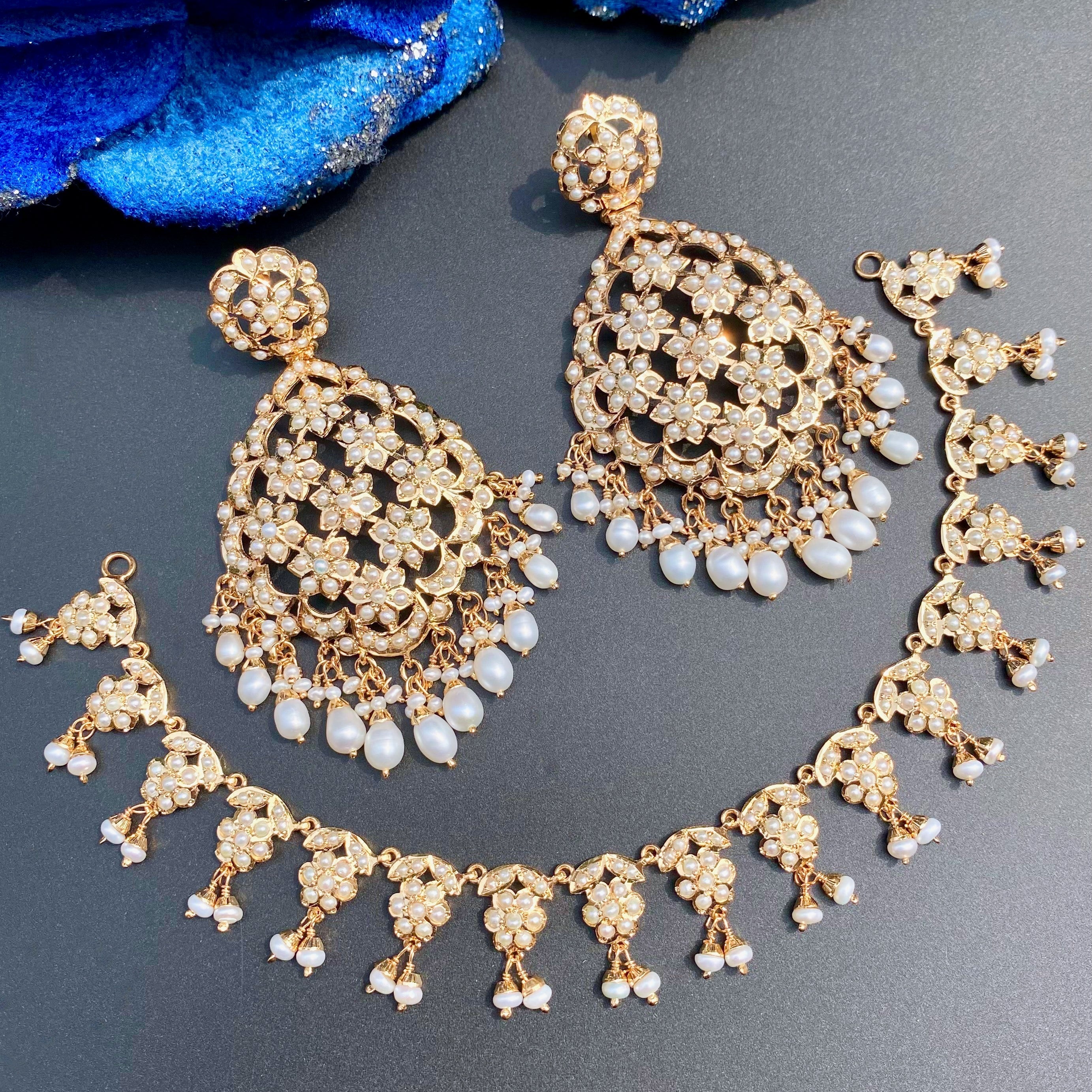 Dainty Pearl Necklace | Statement Earrings | Jadau Set For Women | NS 466