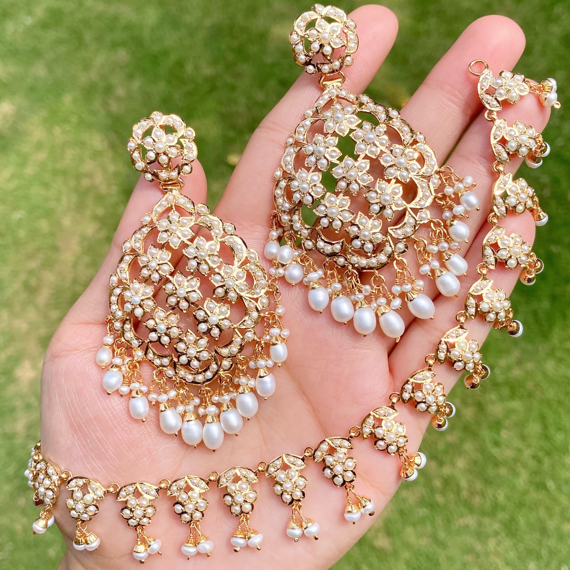 Dainty Pearl Necklace | Statement Earrings | Jadau Set For Women | NS 466