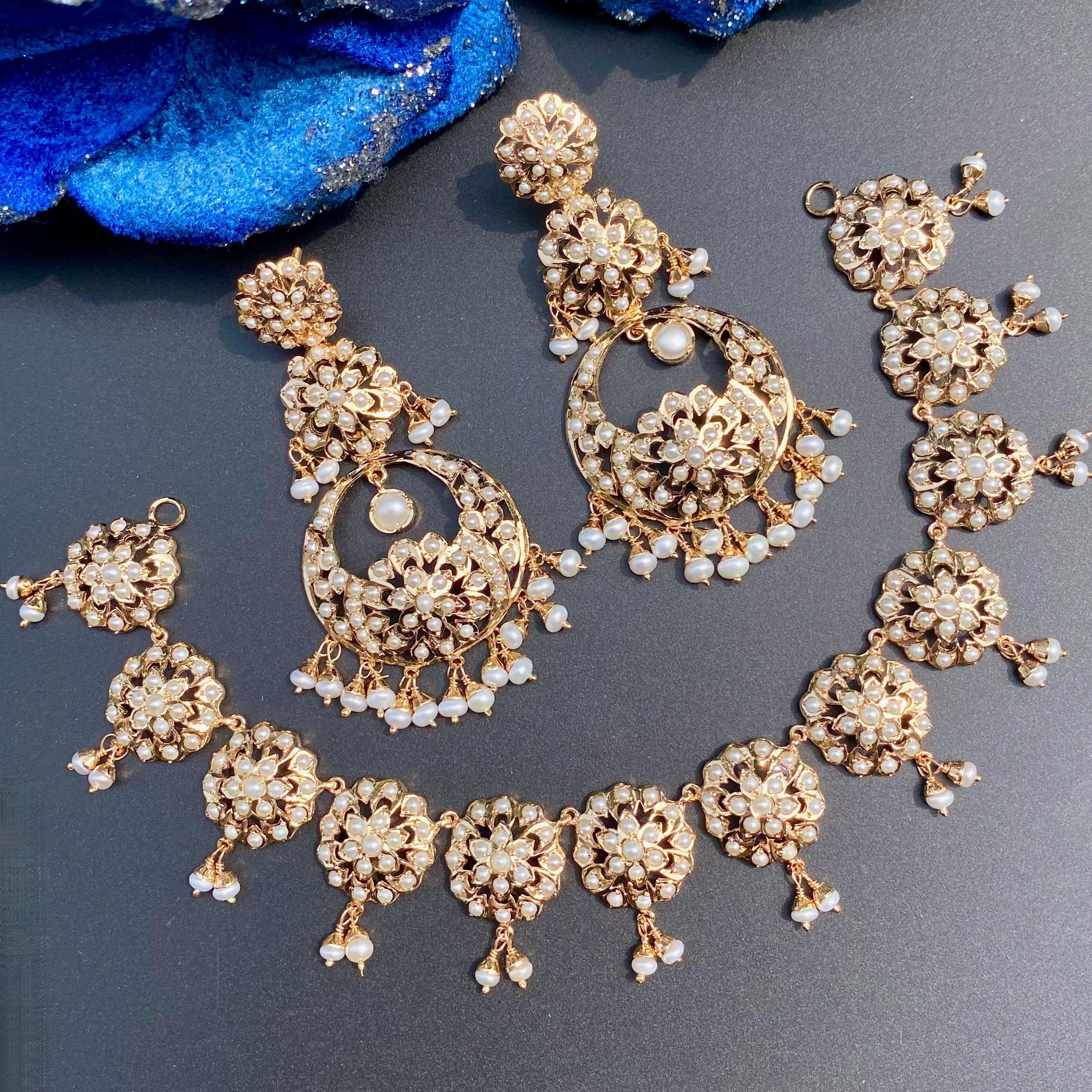 Pearl Necklace with Long Chandbali Earrings | Gold Plated Pearl Jewelry NS 467