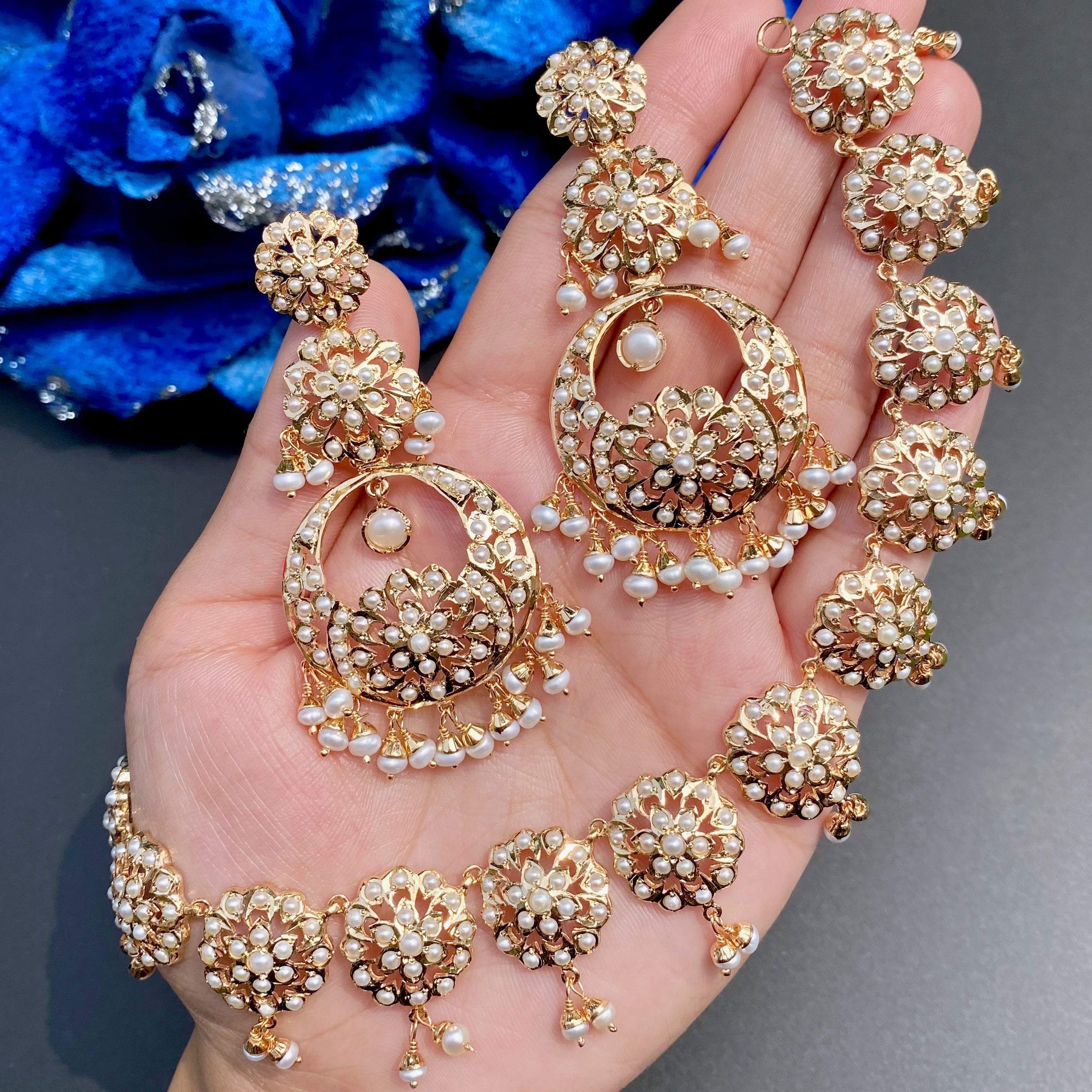 Pearl Necklace with Long Chandbali Earrings | Gold Plated Pearl Jewelry NS 467