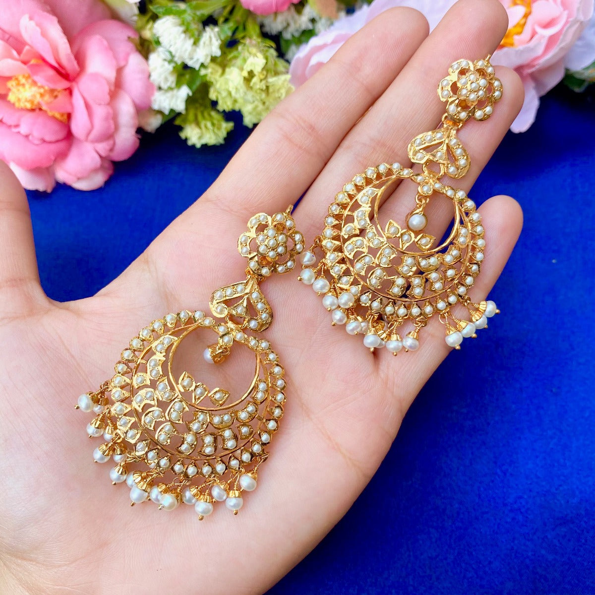 Jadau Chandbali Earrings | Fine Pearl Jewellery | Gold Plated Silver ER 089