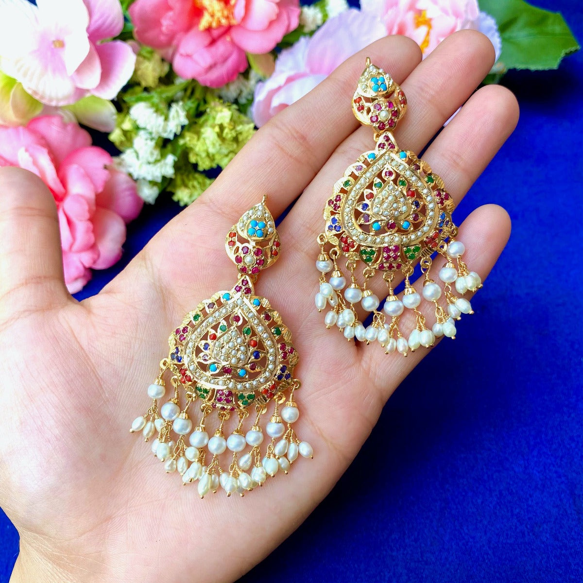 Navratan Stones Studded Jadau Earrings in Gold Plated Silver  ER 177